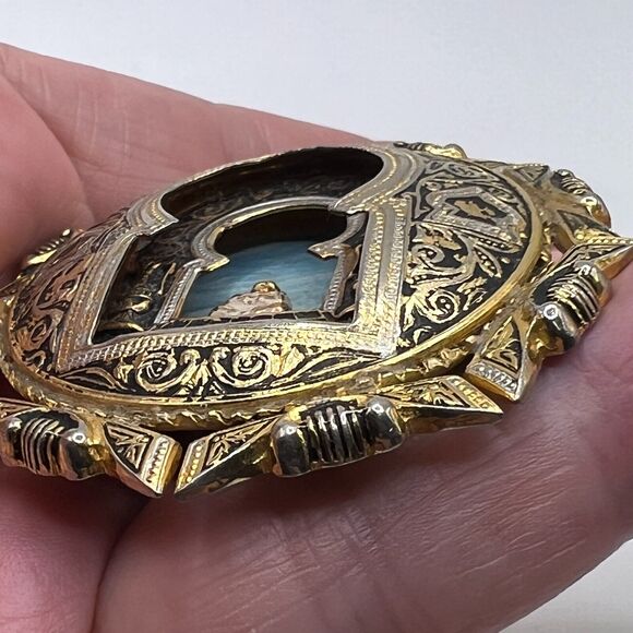 Vintage Damascene Tibetan Buddha Scene Brooch Pendant Enamel Costume Jewelry - Picture 6 of 8